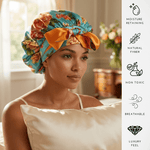 Peonies on Aqua and Orange Reversible Bonnet with Ties - NOCHKA
