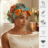 Peonies on Aqua and Orange Reversible Bonnet with Ties - NOCHKA
