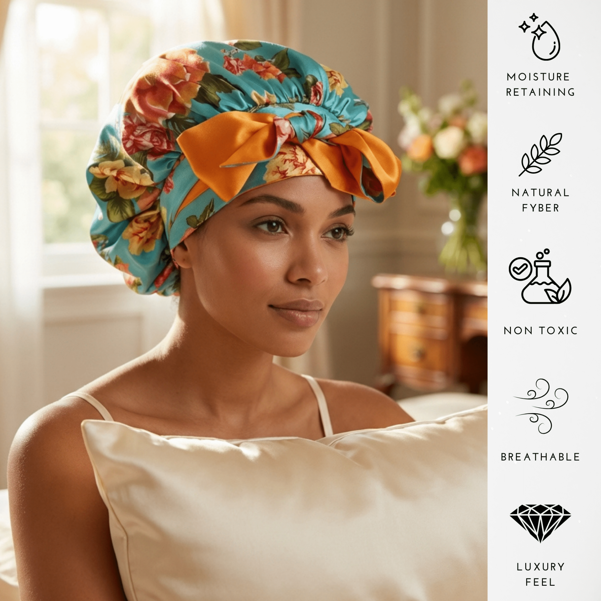 Peonies on Aqua and Orange Reversible Bonnet with Ties - NOCHKA
