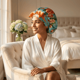 Peonies on Aqua and Orange Reversible Bonnet with Ties - NOCHKA
