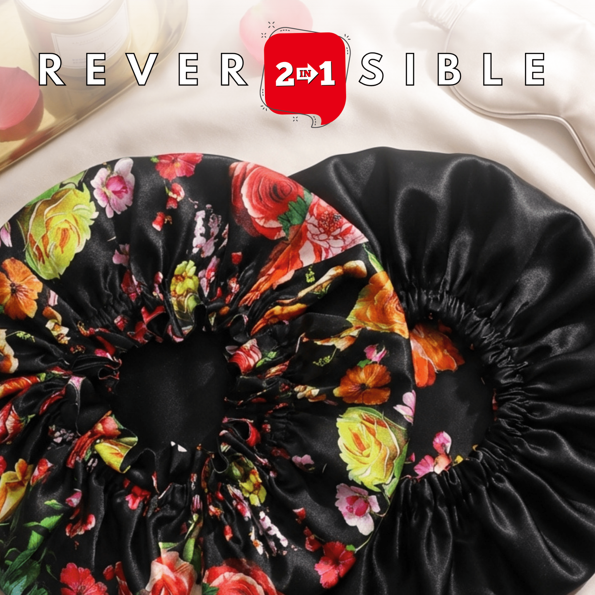 Peonies on Black Pure Mulberry Silk Bonnet – Reversible & Durable - NOCHKA
