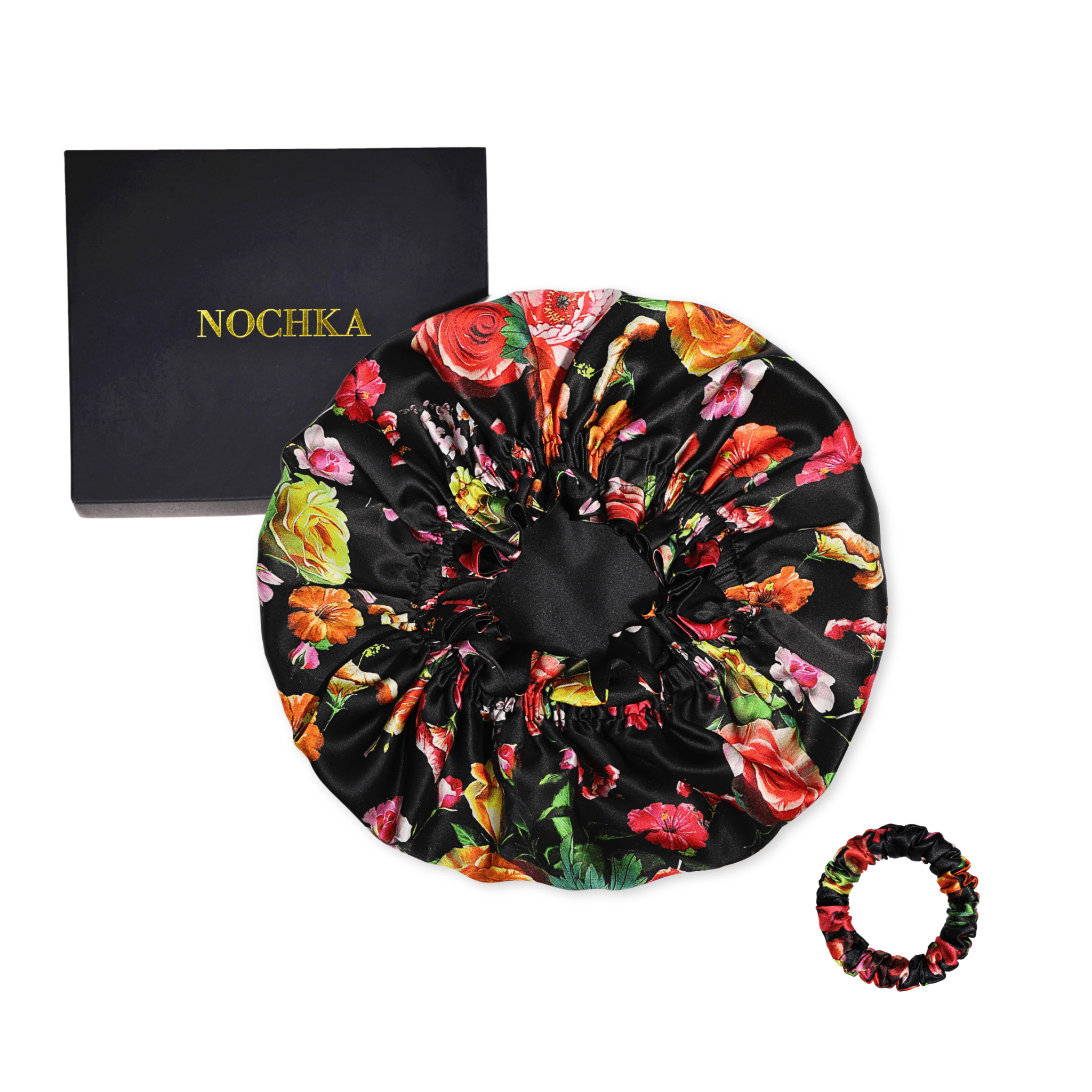 Peonies on Black Pure Mulberry Silk Bonnet – Reversible & Durable - NOCHKA
