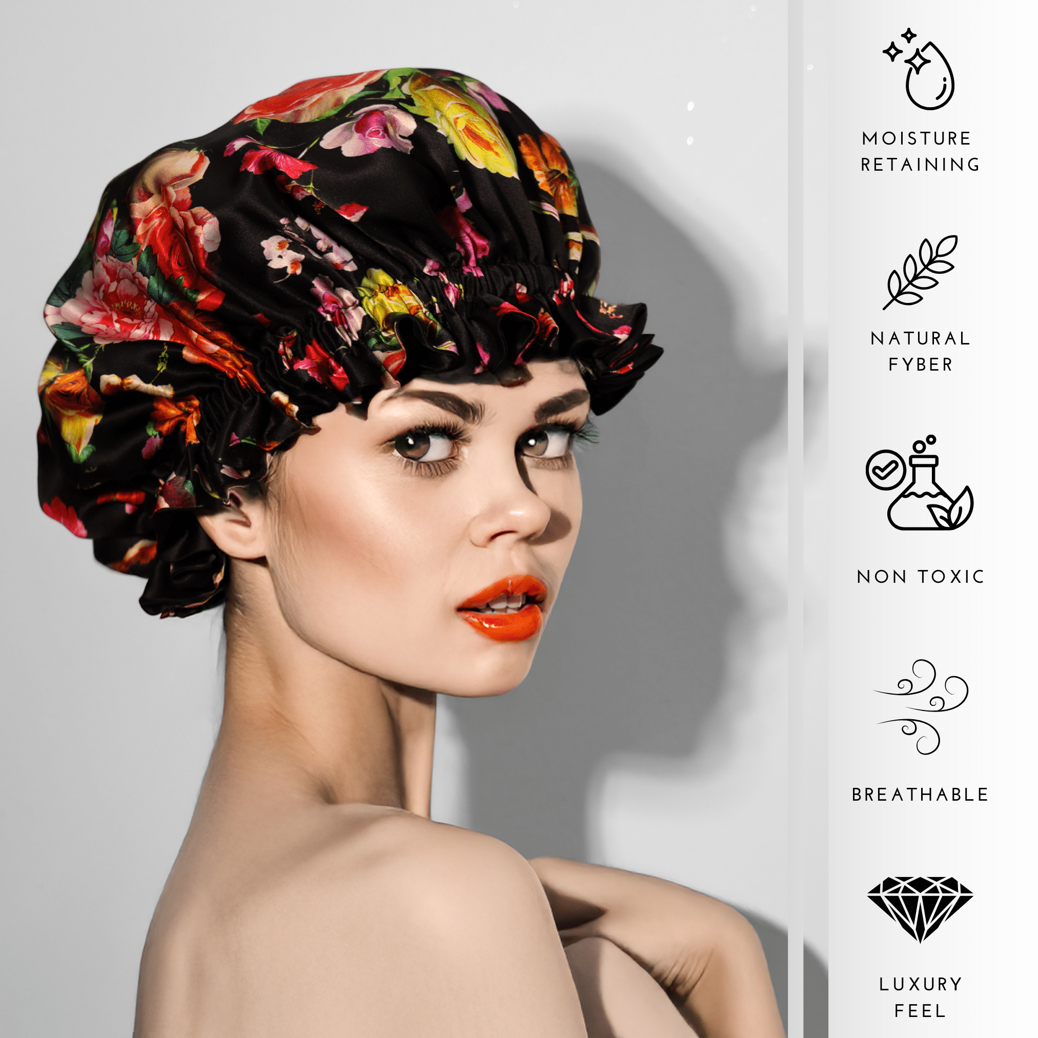 Peonies on Black Pure Mulberry Silk Bonnet – Reversible & Durable - NOCHKA
