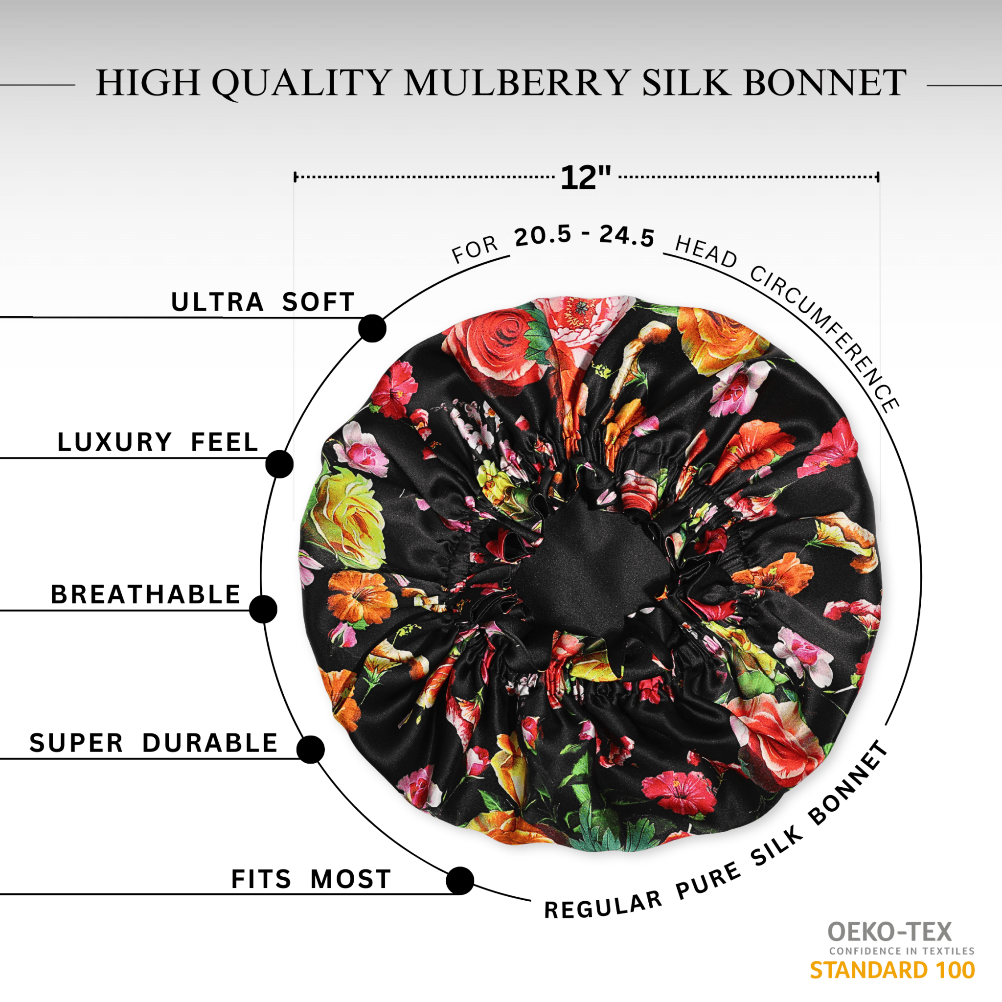 Peonies on Black Pure Mulberry Silk Bonnet – Reversible & Durable - NOCHKA
