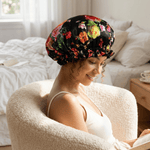 Peonies on Black Pure Mulberry Silk Bonnet – Reversible & Durable - NOCHKA
