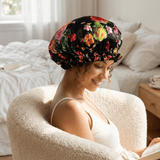 Peonies on Black Pure Mulberry Silk Bonnet – Reversible & Durable - NOCHKA
