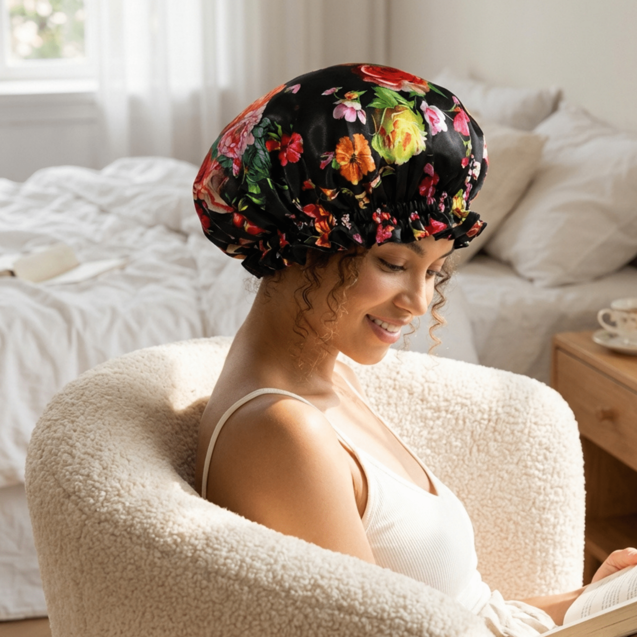 Peonies on Black Pure Mulberry Silk Bonnet – Reversible & Durable - NOCHKA
