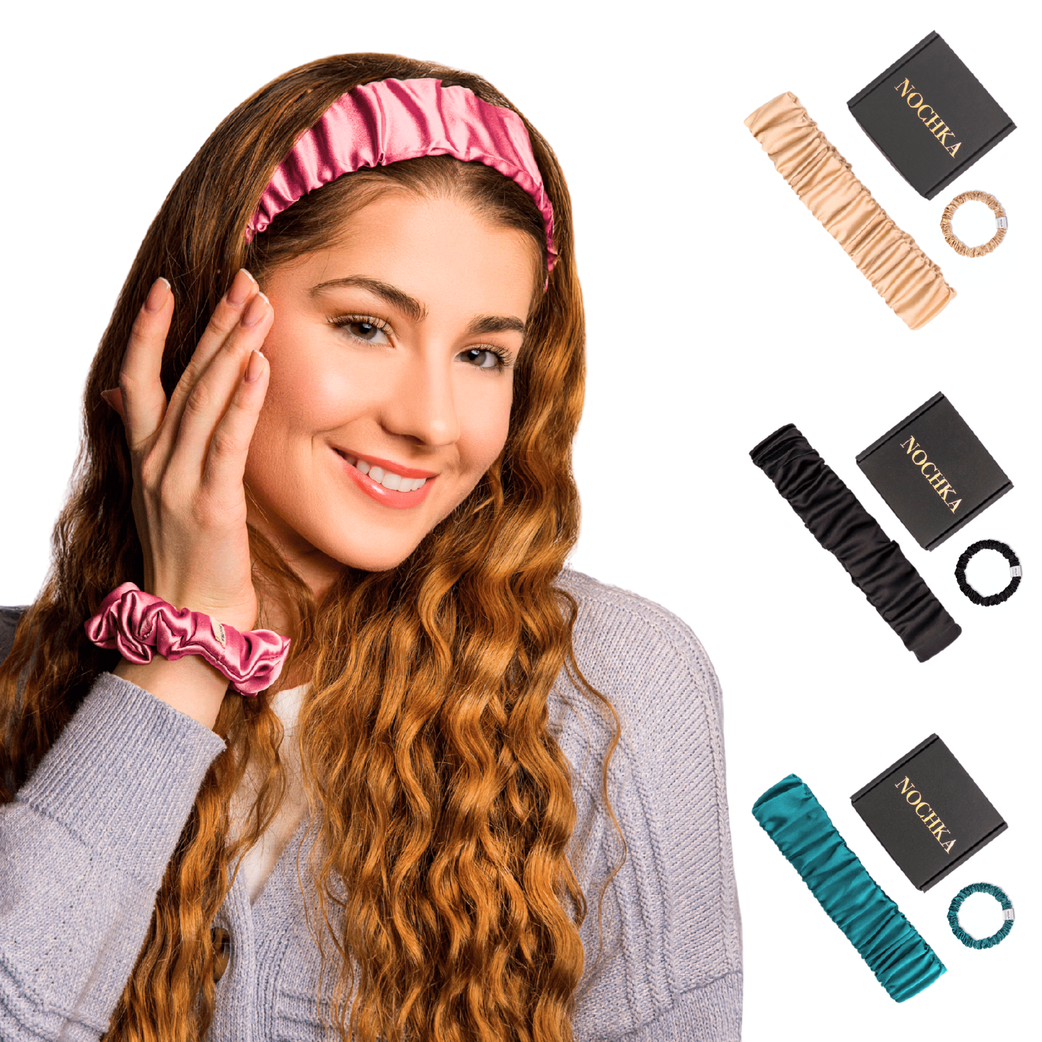 Pink Mulberry Silk Headband with Ultra Thin Scrunchie - NOCHKA

