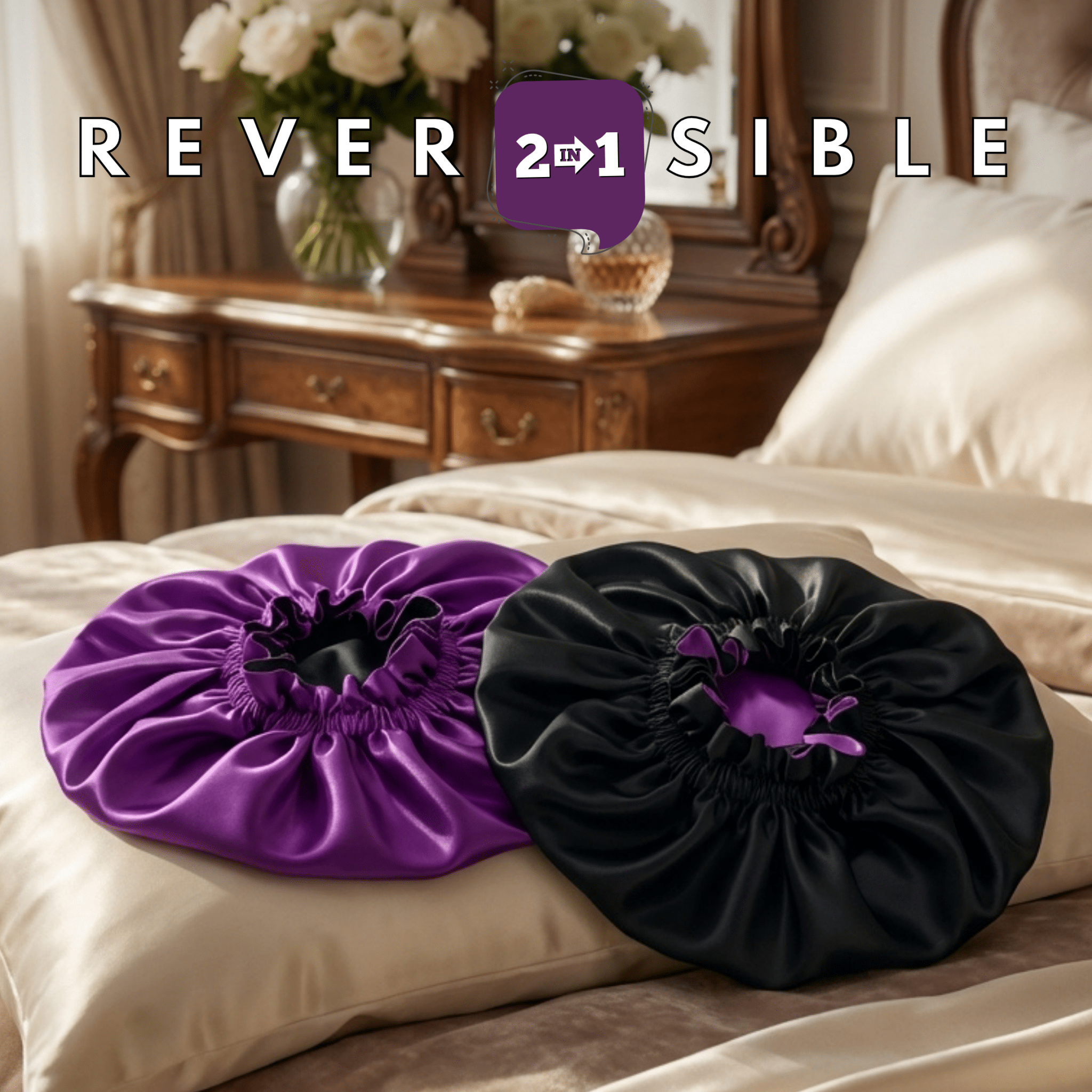 Purple & Black Pure Mulberry Silk Bonnet – Reversible & Durable - NOCHKA
