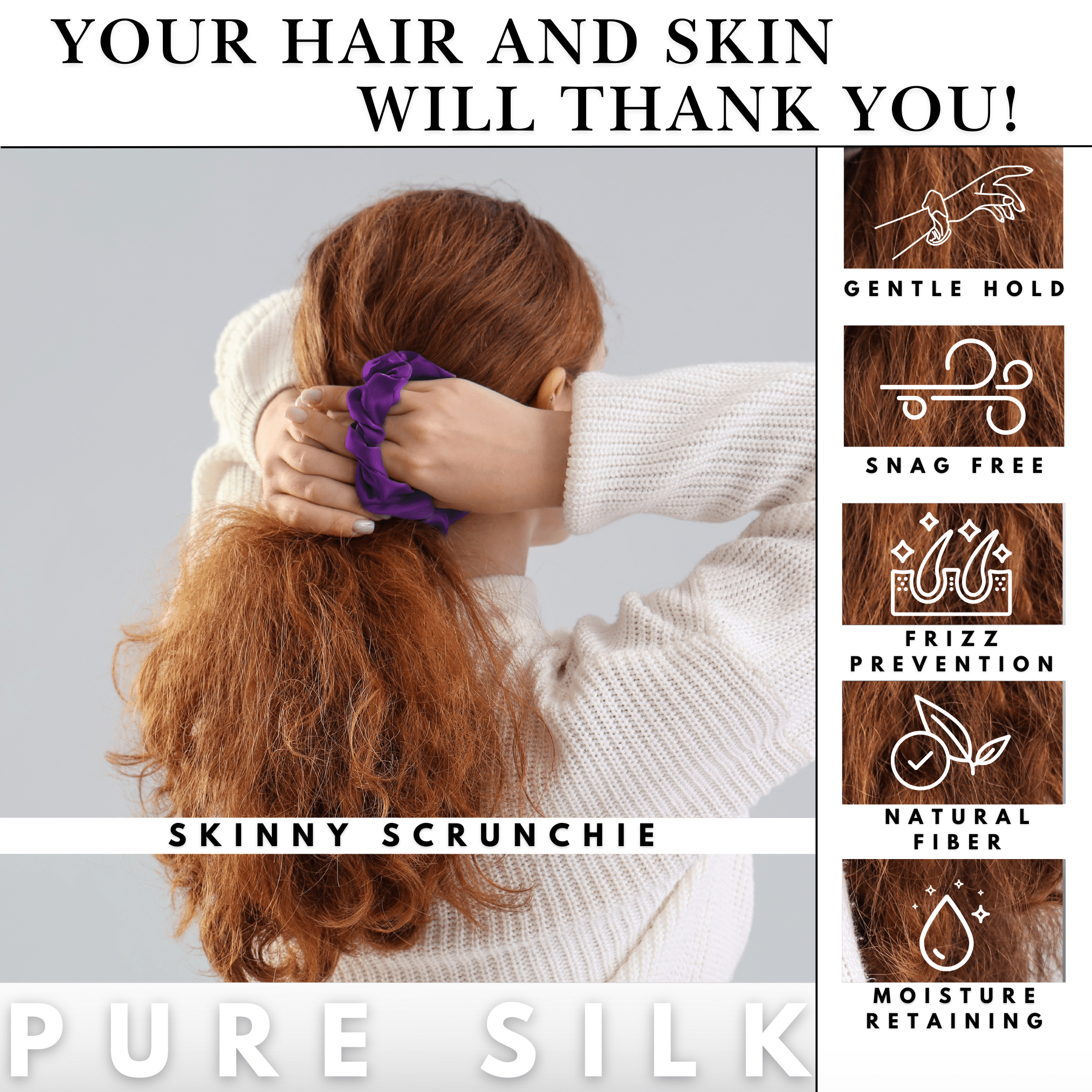 Purple Skinny Scrunchie – 100% Pure Mulberry Silk, Perfect for All Hair Types - NOCHKA
