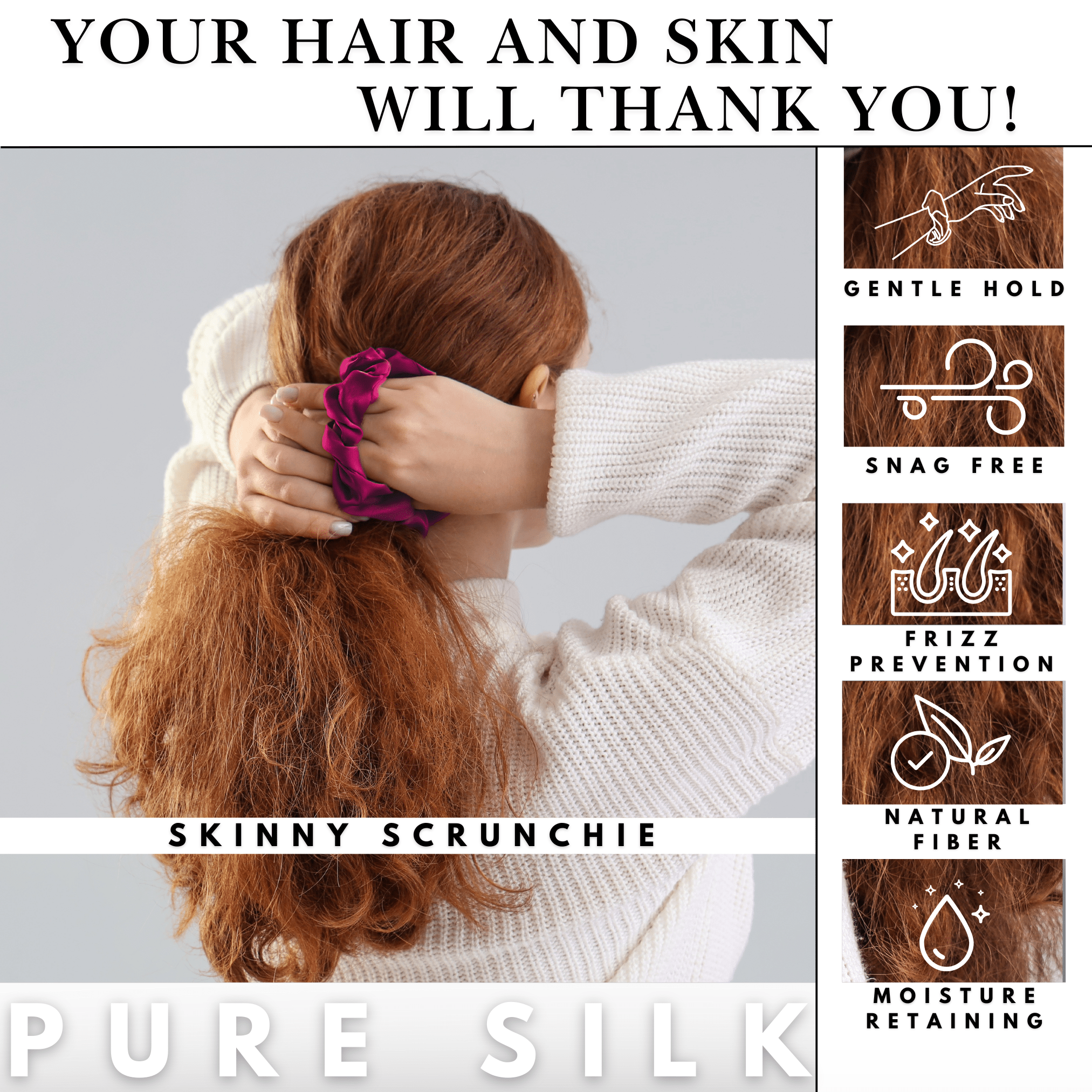 Raspberry Skinny Scrunchie – 100% Pure Mulberry Silk, Perfect for All Hair Types - NOCHKA
