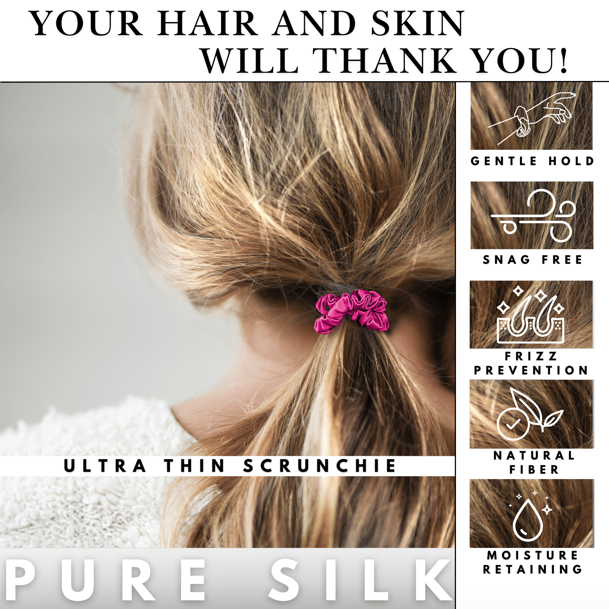 Raspberry Ultra Skinny Scrunchie – 100% Pure Mulberry Silk, Perfect for All Hair Types - NOCHKA

