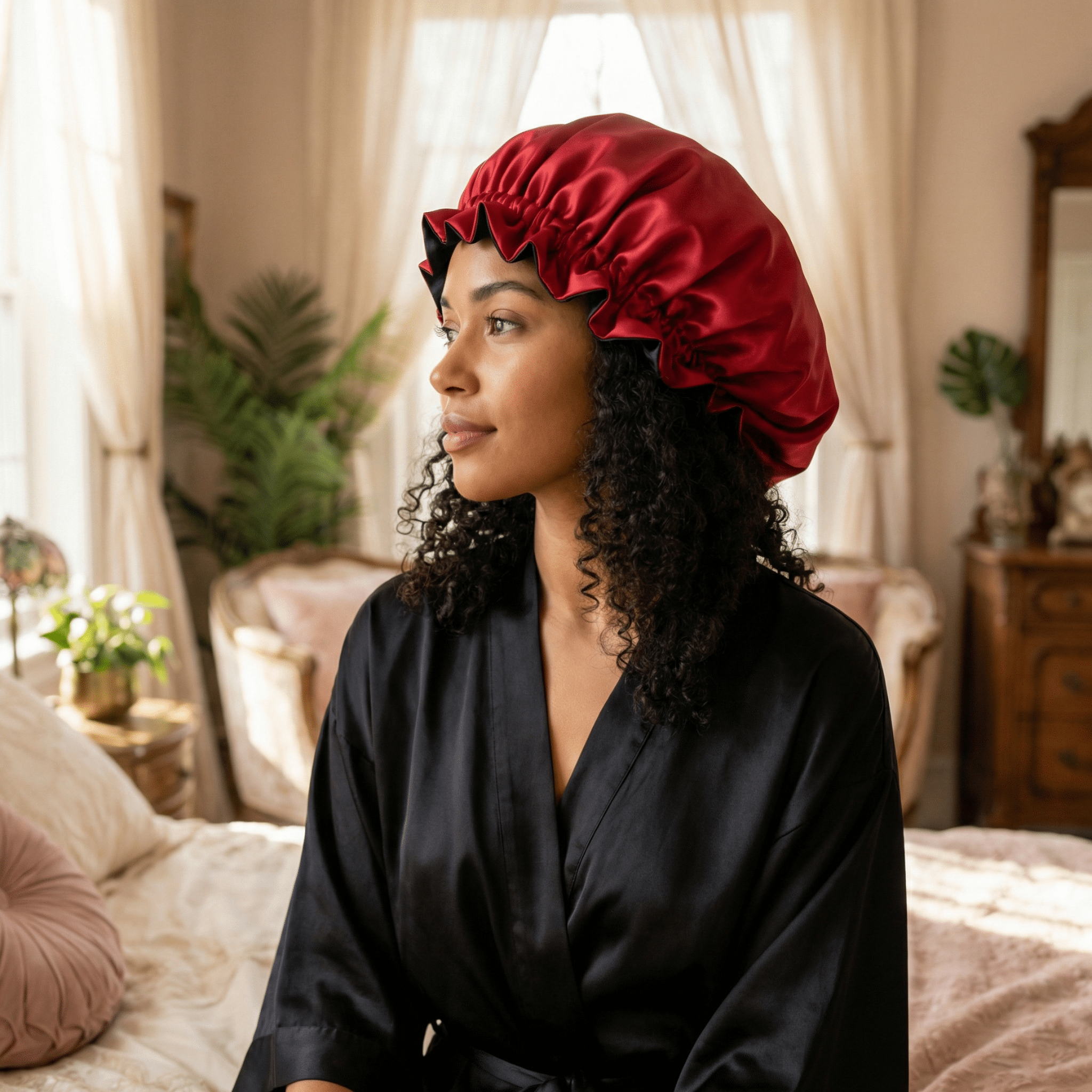 Red & Black Pure Mulberry Silk Bonnet – Reversible & Durable - NOCHKA
