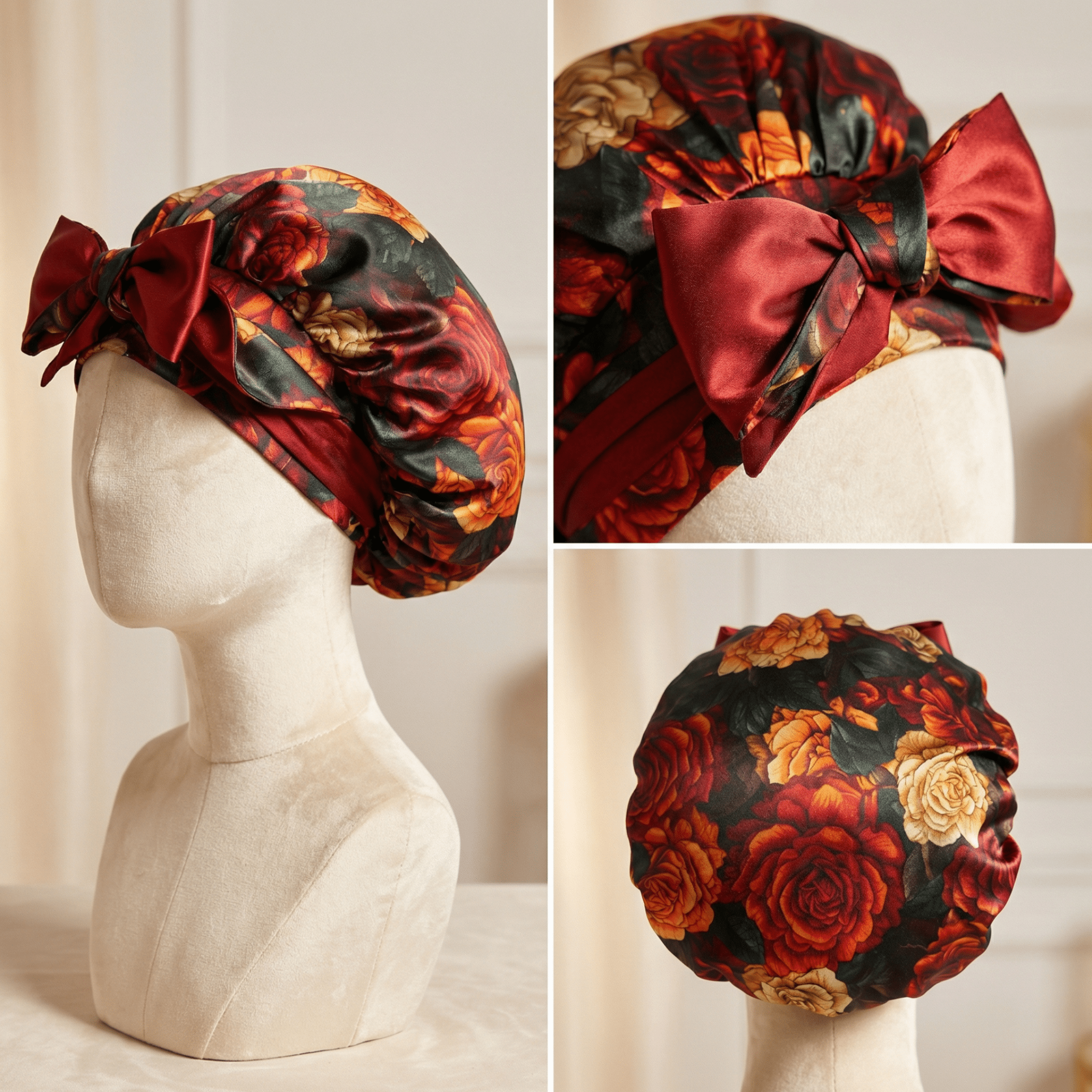 Rust Rose Print Reversible Bonnet with Ties - NOCHKA
