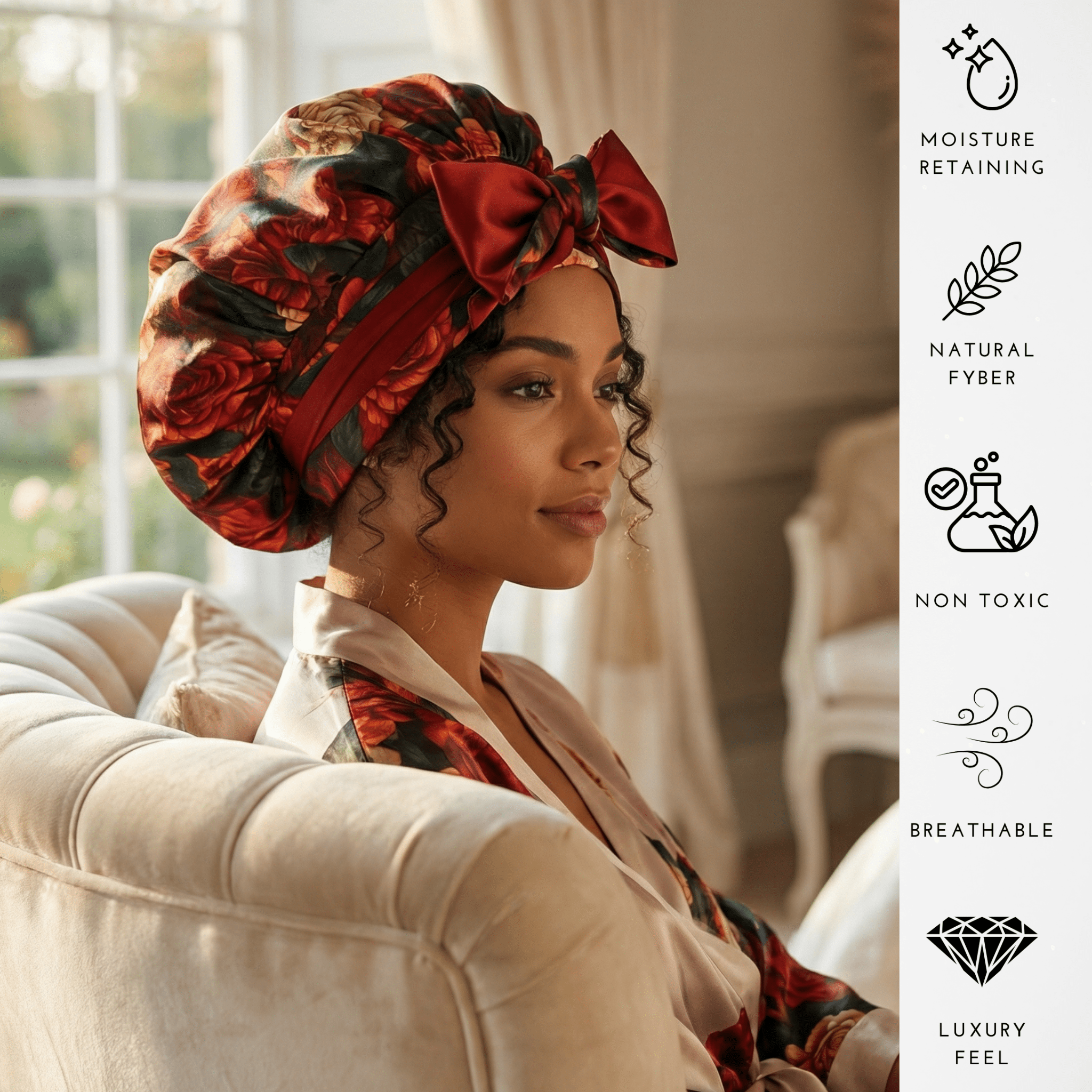 Rust Rose Print Reversible Bonnet with Ties - NOCHKA
