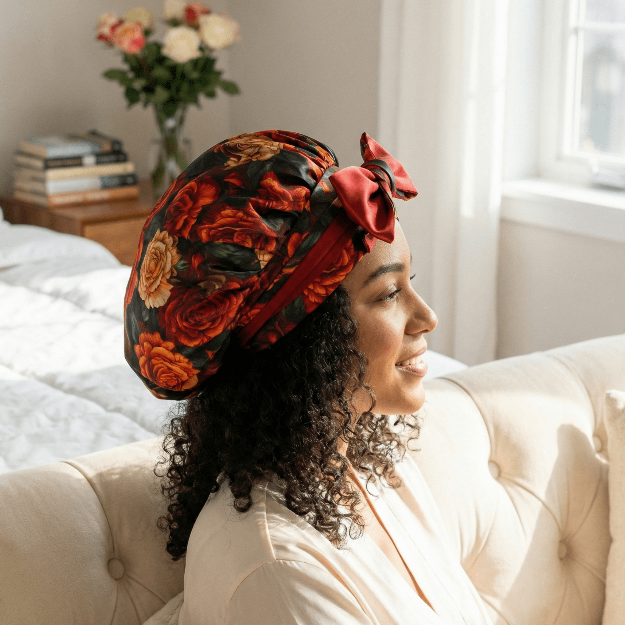 Rust Rose Print Reversible Bonnet with Ties - NOCHKA
