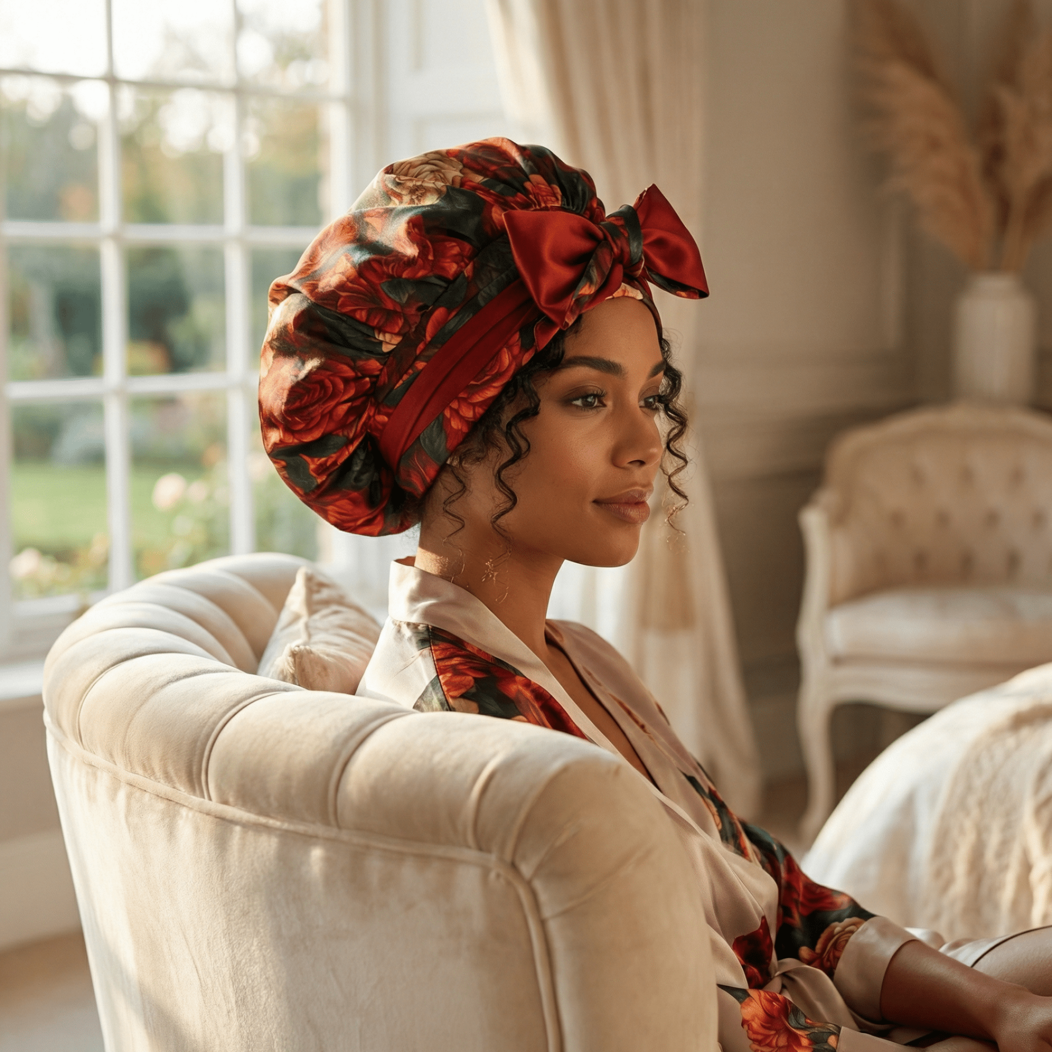 Rust Rose Print Reversible Bonnet with Ties - NOCHKA
