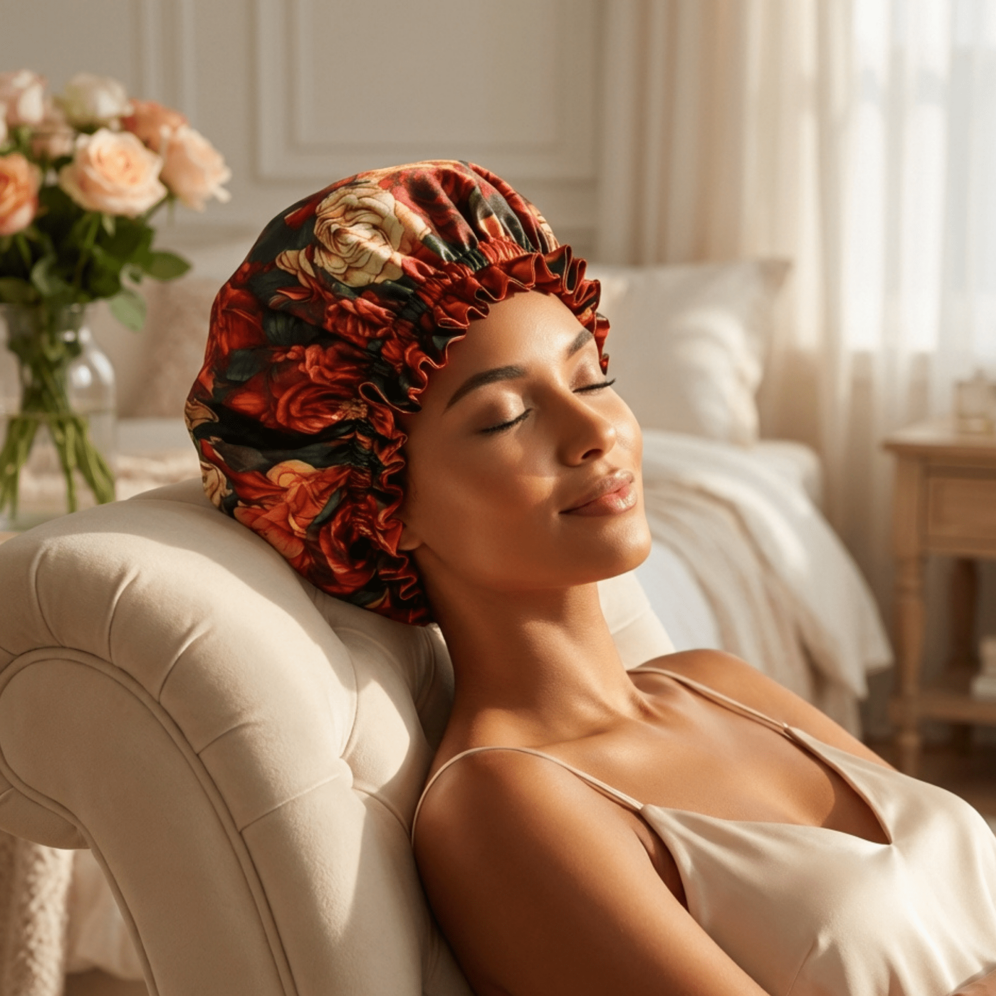 Rusty Rose Print Pure Mulberry Silk Bonnet – Reversible & Durable - NOCHKA
