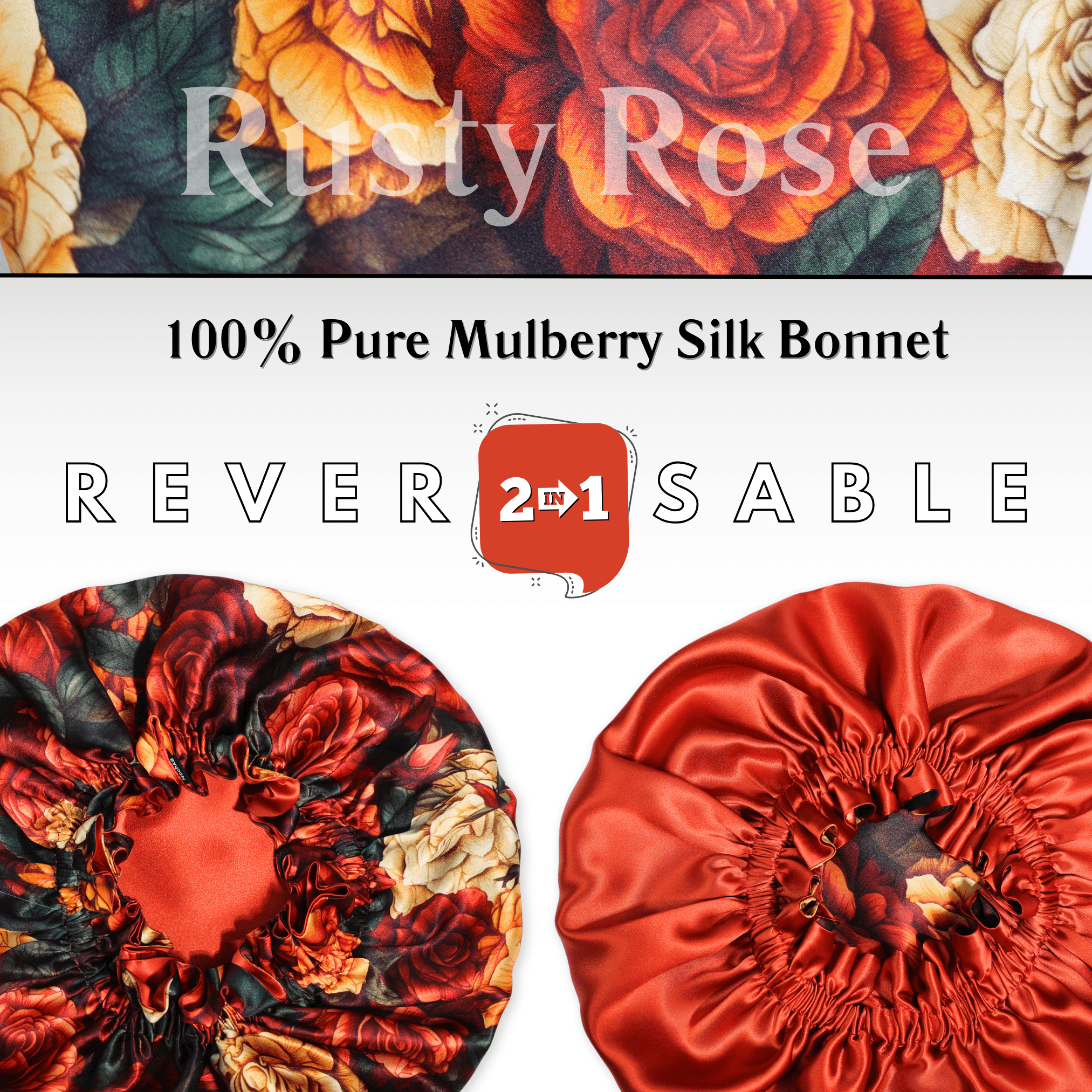 Rusty Rose Print Pure Mulberry Silk Bonnet – Reversible & Durable - NOCHKA
