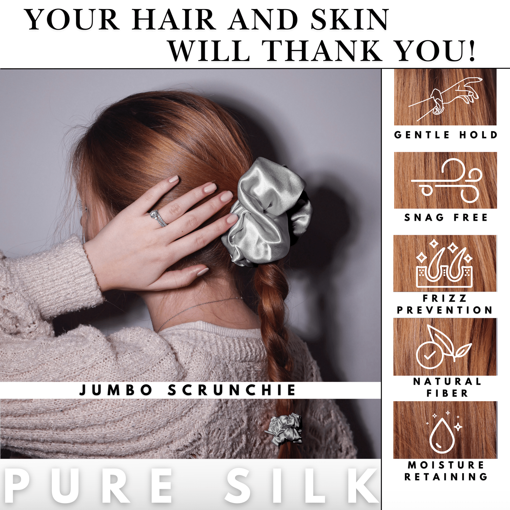 Silver Jumbo Scrunchie – 100% Pure Mulberry Silk, Perfect for All Hair Types - NOCHKA
