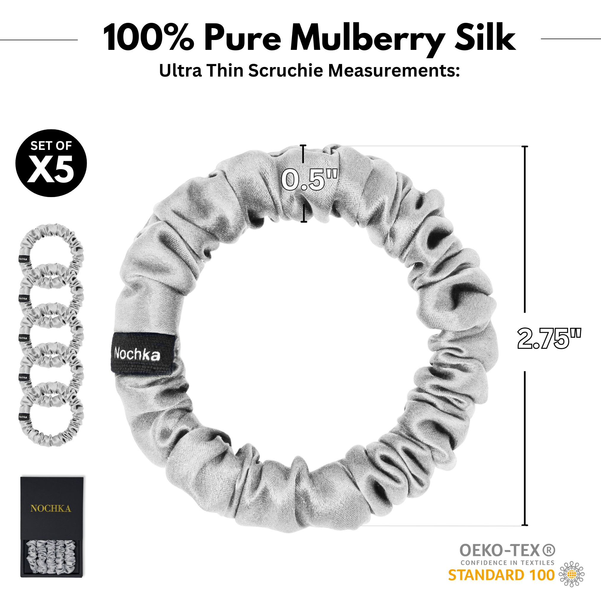 Silver Ultra - Skinny Silk Scrunchies (Set of 5) - NOCHKA
