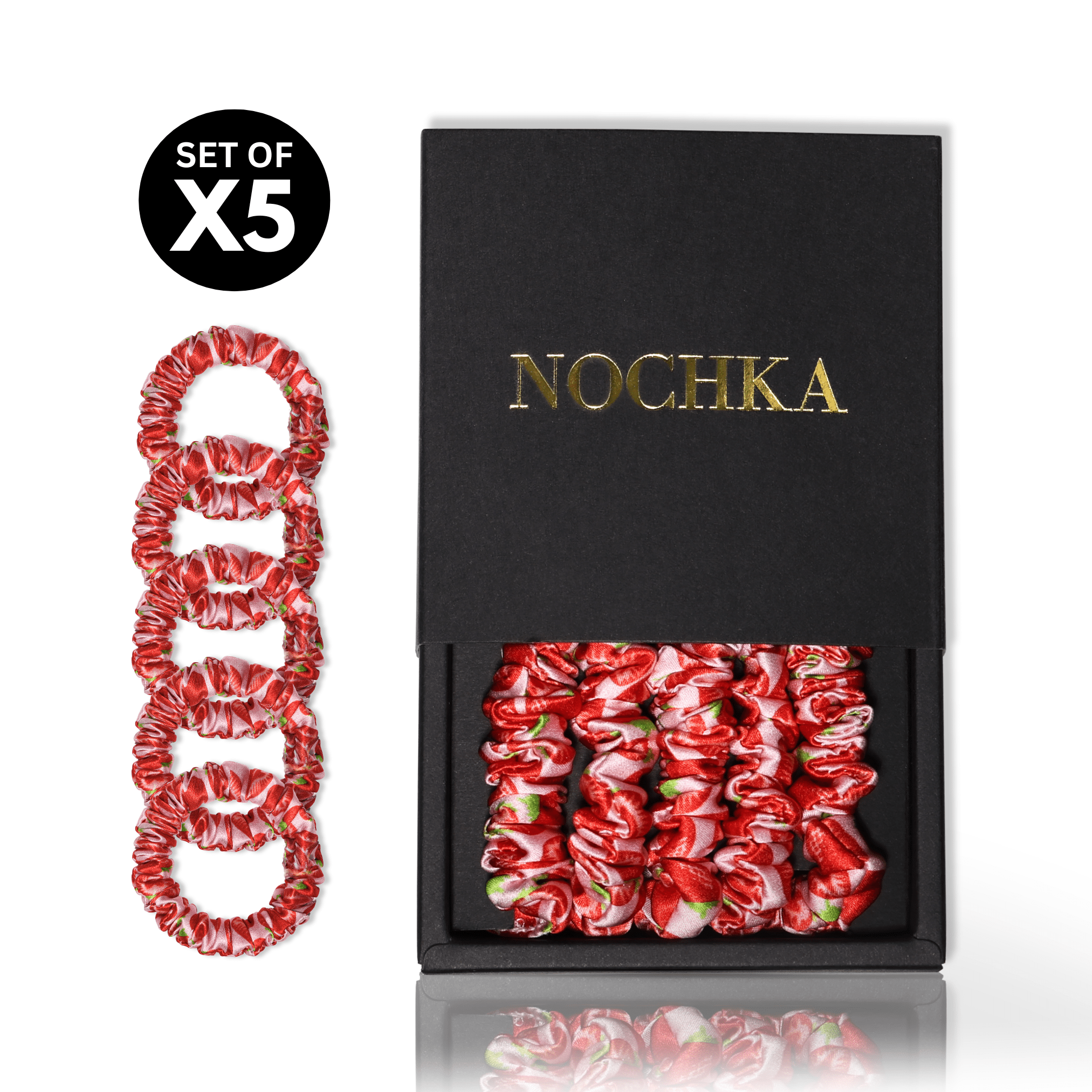 Strawberry Print Ultra - Skinny Silk Scrunchies (Set of 5) - NOCHKA
