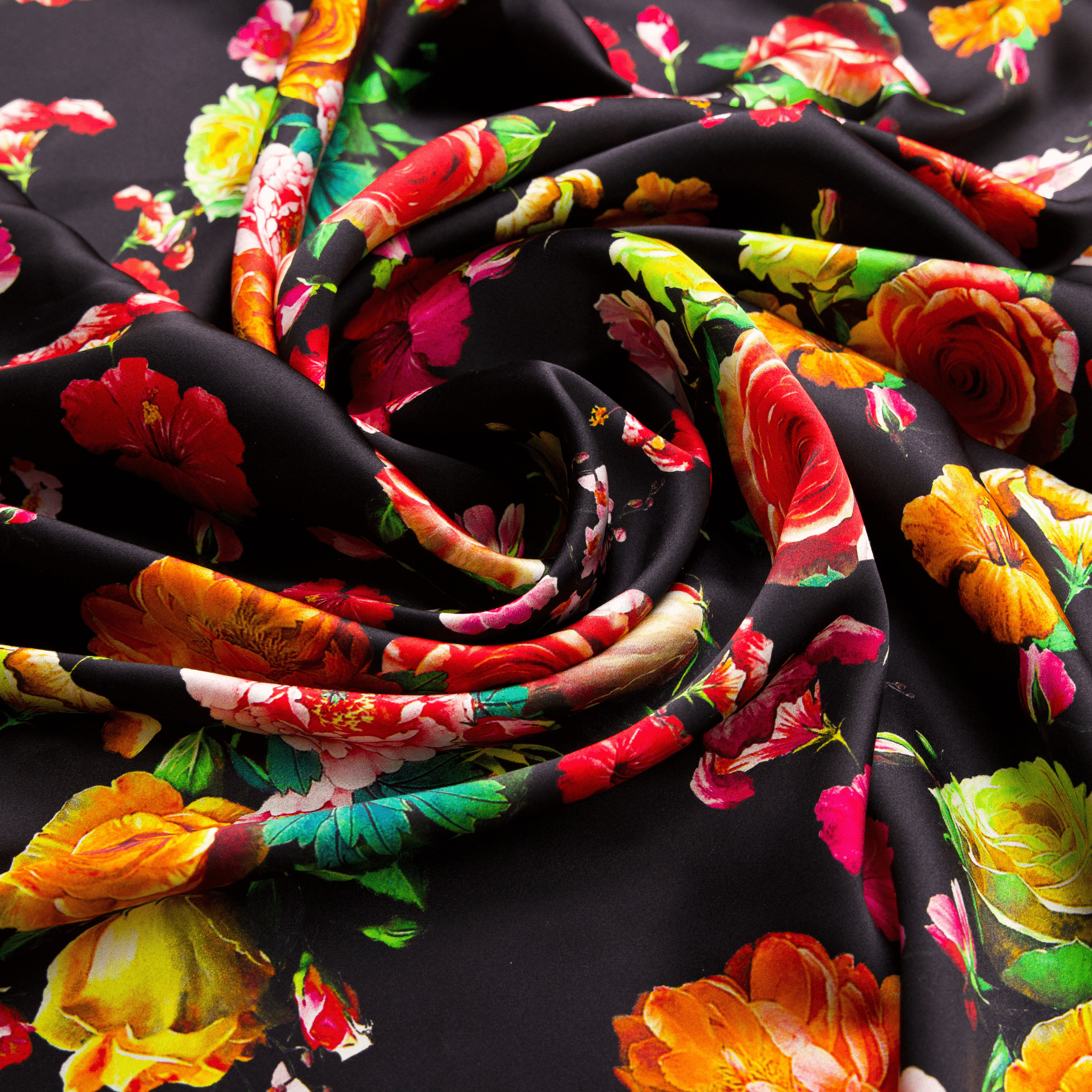 Vintage Peonies Print on Black 100% Pure Mulberry Silk Fabric 19mm 54" Width Pre - Cut Silk Fabric - NOCHKA
