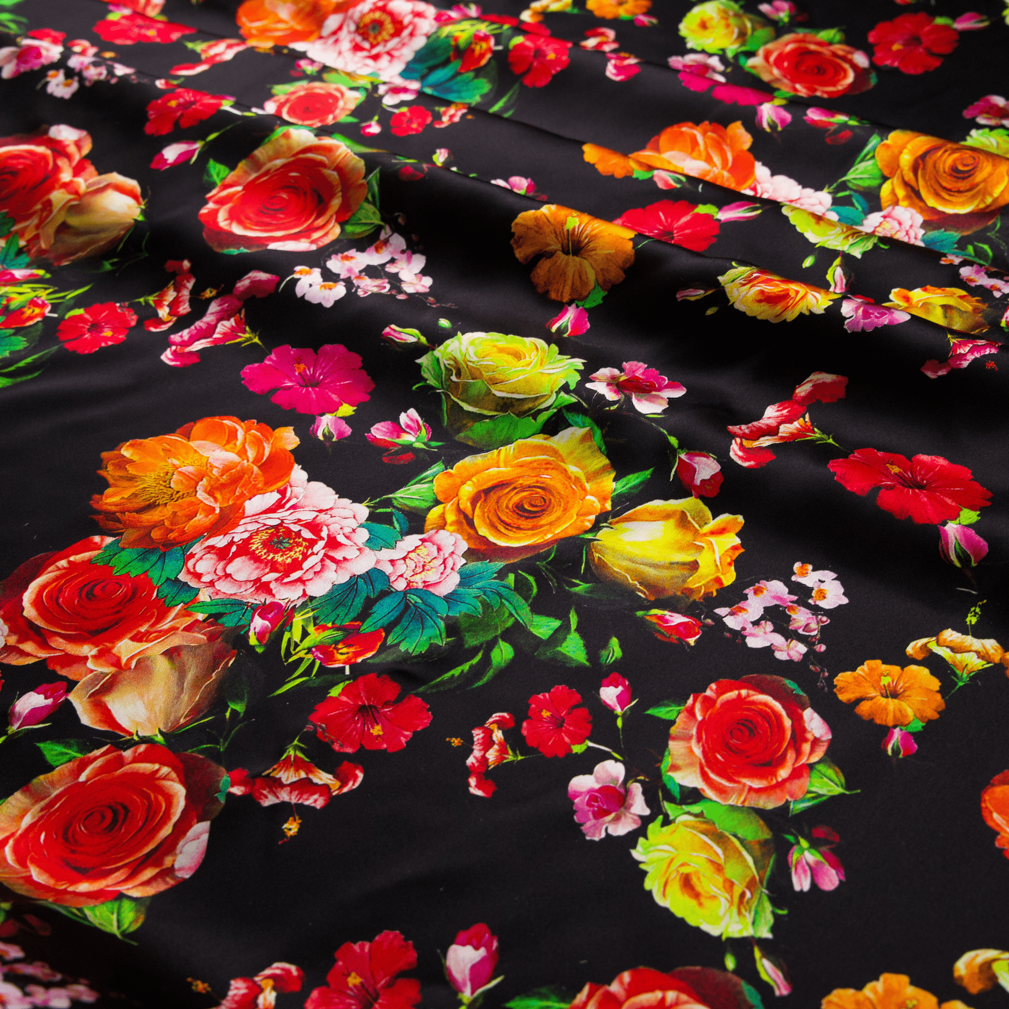 Vintage Peonies Print on Black 100% Pure Mulberry Silk Fabric 19mm 54" Width Pre - Cut Silk Fabric - NOCHKA
