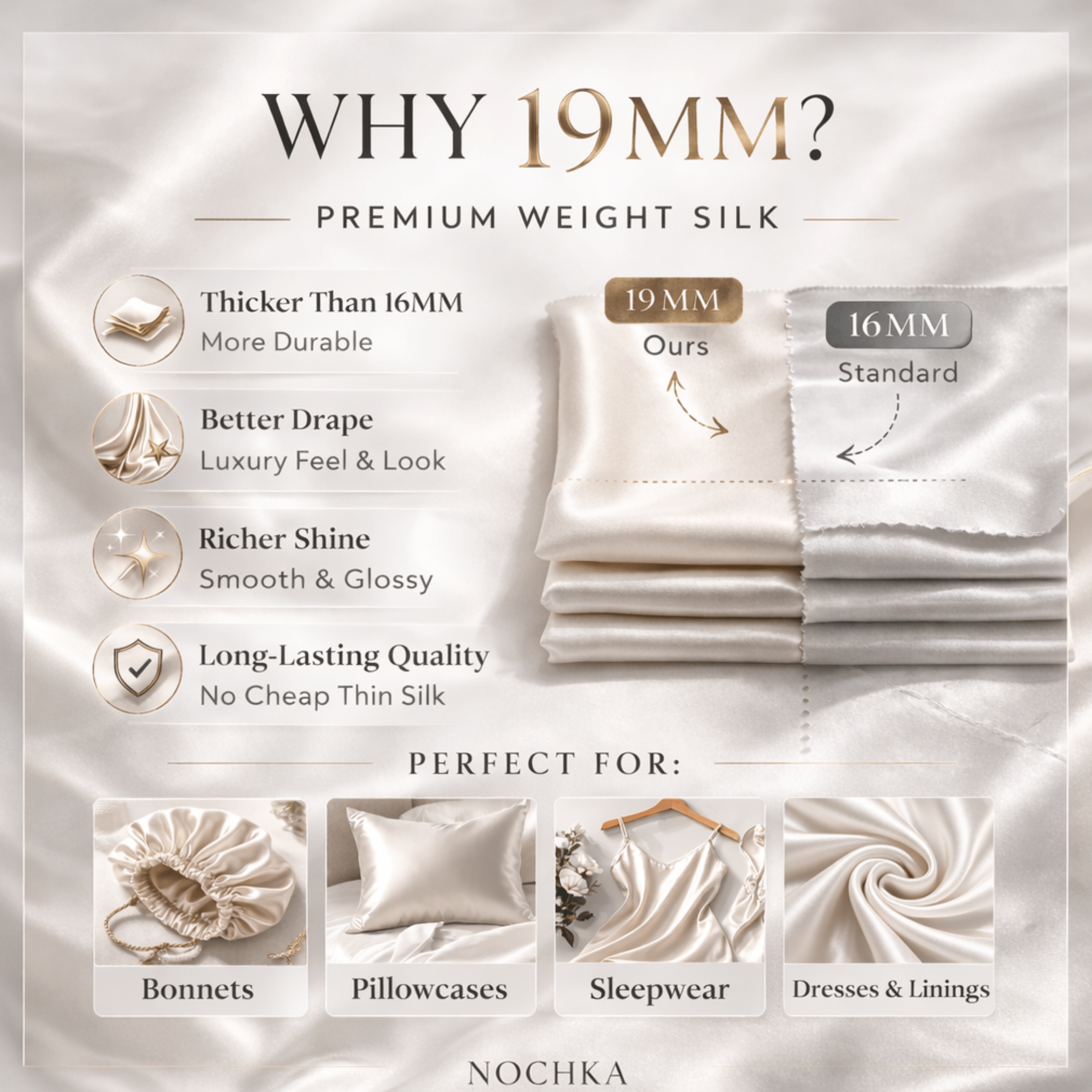 White 100% Pure Mulberry Silk Fabric 19mm Cut - to - Size Silk Fabric - NOCHKA
