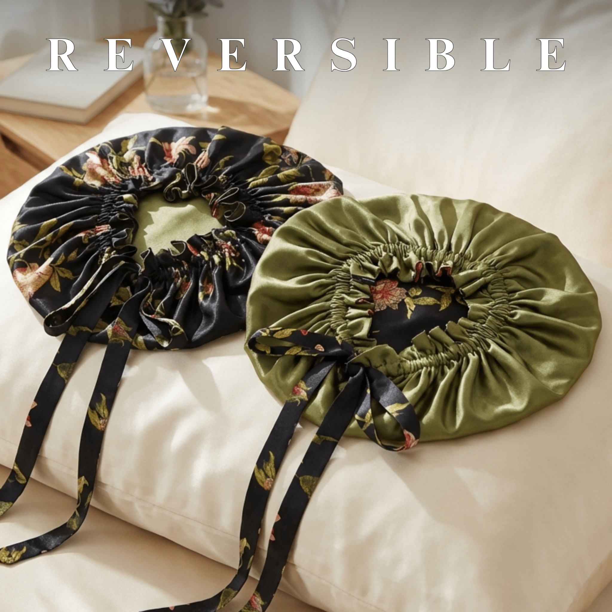 Wild Rose & Olive Reversible Bonnet with Thin Ties - NOCHKA
