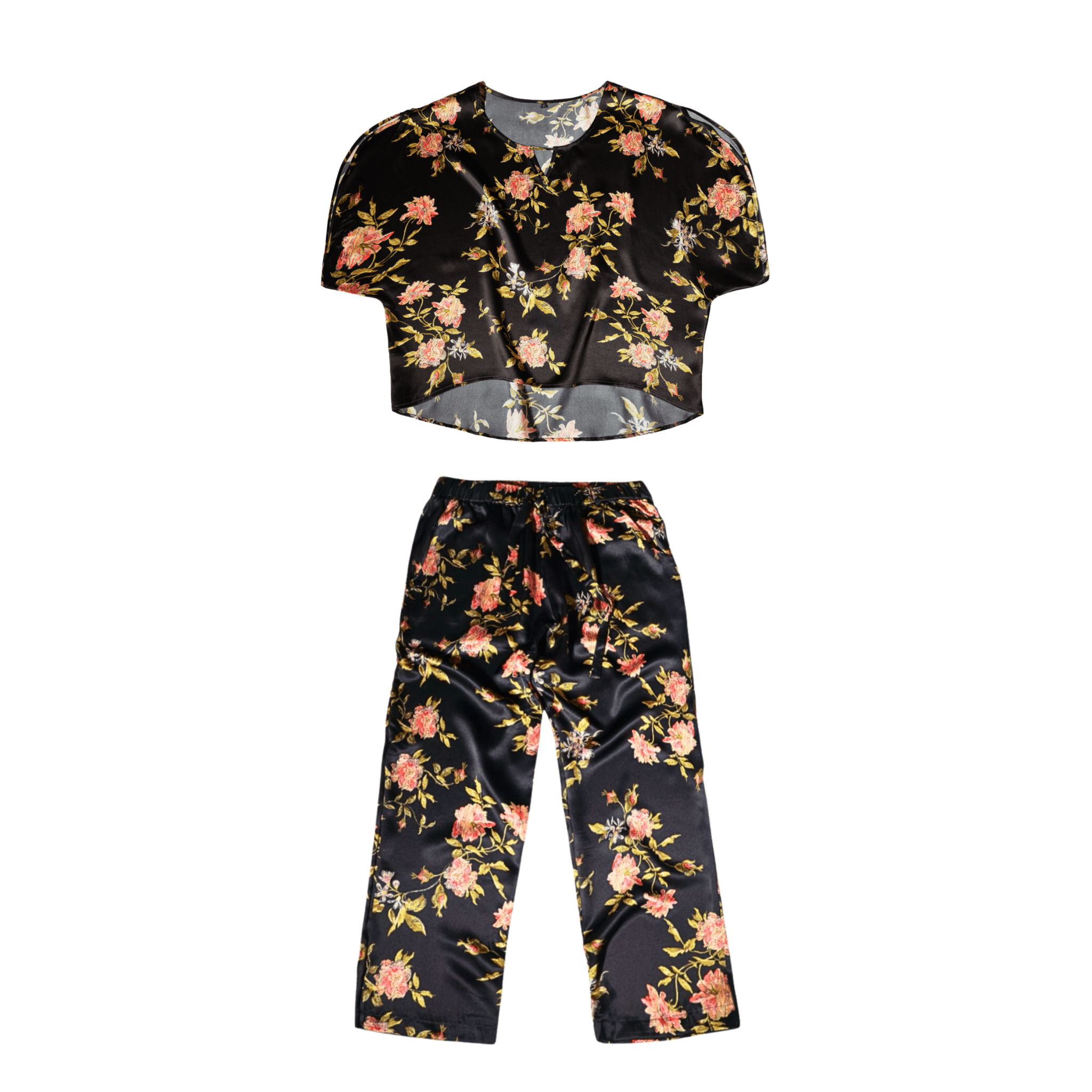 Wild Rose Washable Mulberry Silk Pajama Set (19 Momme, 6A) — Handmade in USA | Loose Tee + Tie - Waist Pants by Nochka - NOCHKA

