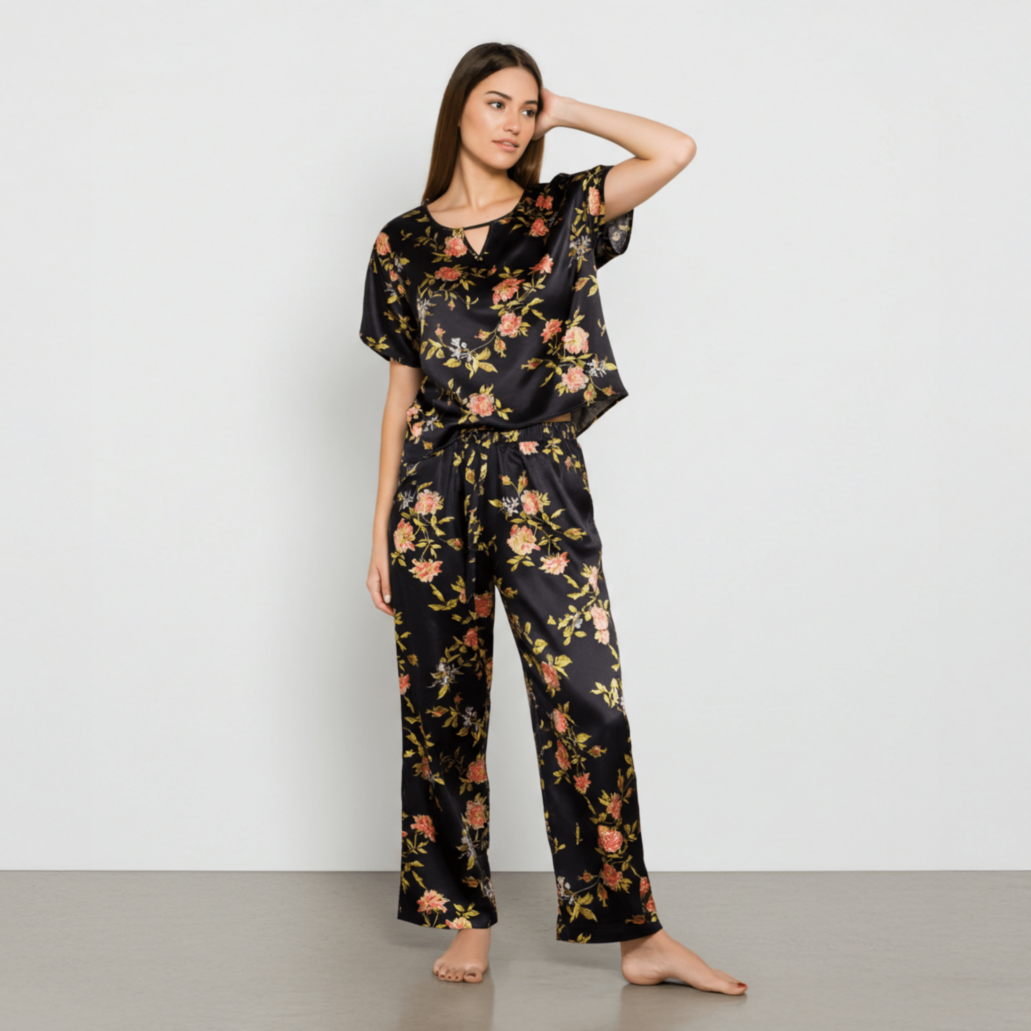 Wild Rose Washable Mulberry Silk Pajama Set (19 Momme, 6A) — Handmade in USA | Loose Tee + Tie - Waist Pants by Nochka - NOCHKA
