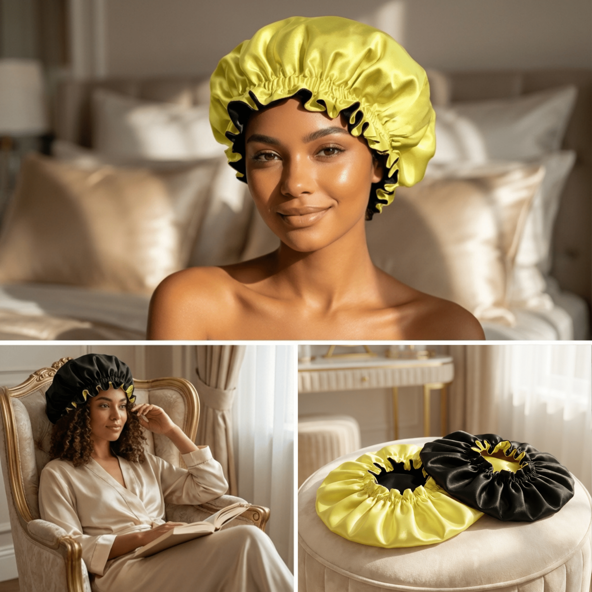 Yellow & Black Pure Mulberry Silk Bonnet – Reversible & Durable - NOCHKA
