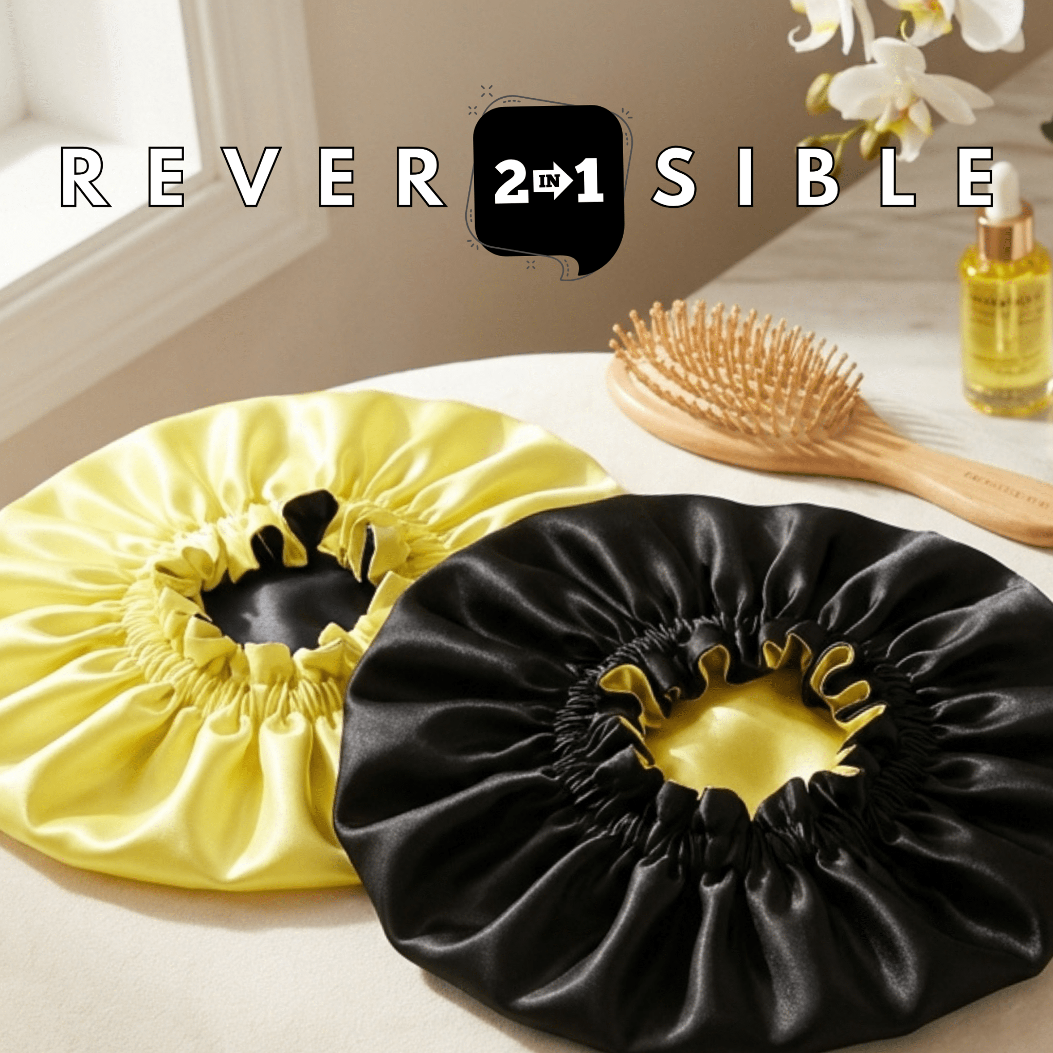 Yellow & Black Pure Mulberry Silk Bonnet – Reversible & Durable - NOCHKA

