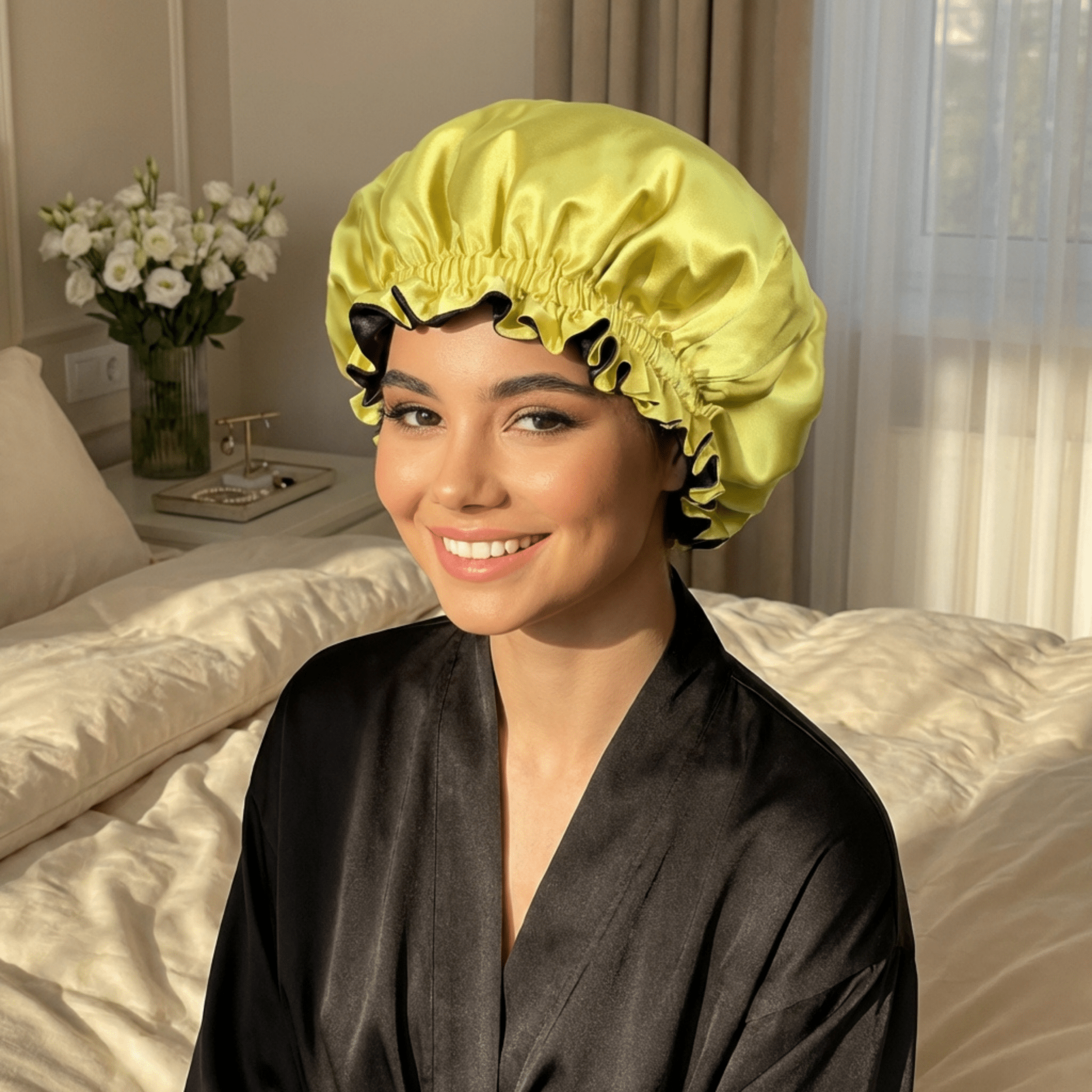 Yellow & Black Pure Mulberry Silk Bonnet – Reversible & Durable - NOCHKA
